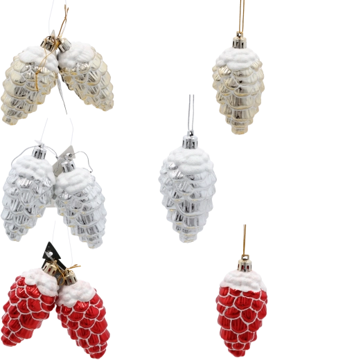 Set de adornos navideños piña 9 cm – plástico brillante en dorado, plateado y rojo