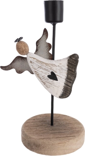 Portavelas con ángel de madera de paulownia y metal 18 cm