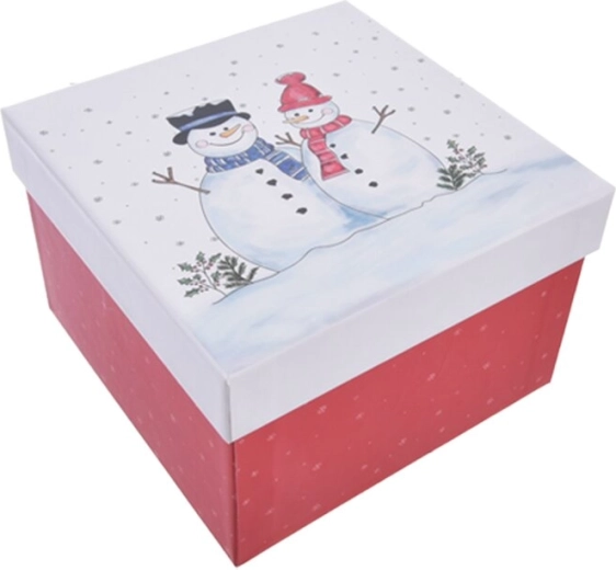 Caja de regalo de papel con muñecos de nieve roja 15,5 × 15,5 × 10 cm