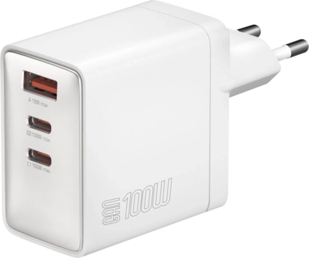 Cargador de red Pocket 100W GaN, 2× USB‑C + USB‑A, blanco