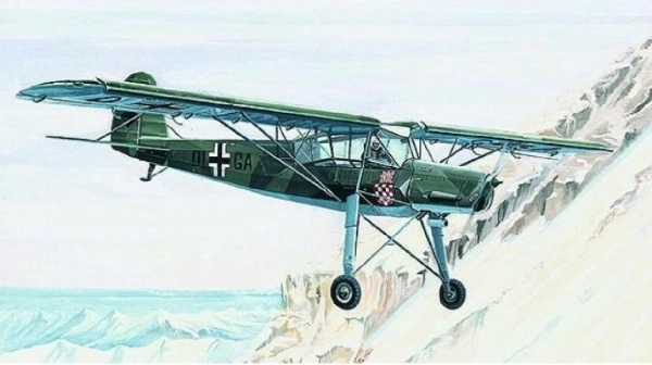 Modelo Fieseler FI-156 Storch de 13,8 x 19,6 cm en caja de 25 x 14,5 x 4,5 cm