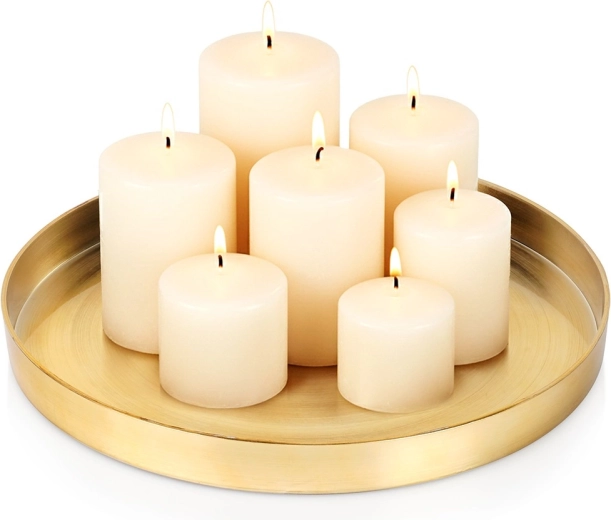 Bandeja metálica dorada para decoración y velas 32 cm
