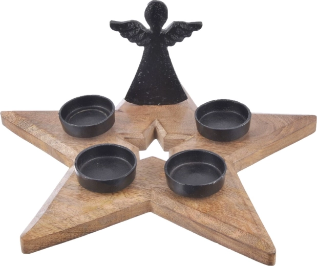 Candelabro de Adviento de madera de mango y metal con ángel