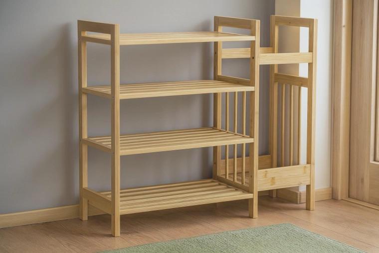 Estantería de bambú con 4 baldas y compartimento lateral para paraguas 73,5 × 28 × 66 cm