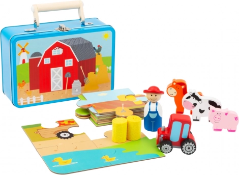 Puzle de granja de madera con figuritas en maletín metálico