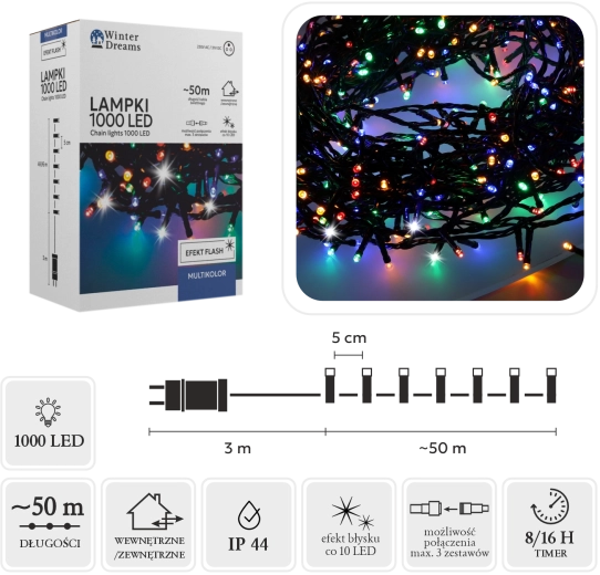 Cadena de luces LED de 1000 diodos multicolor con parpadeo frío, 50 m