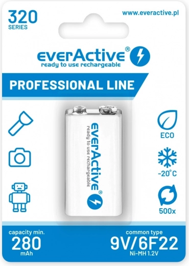Batería recargable everActive 9V 320 mAh Ni-MH lista para usar