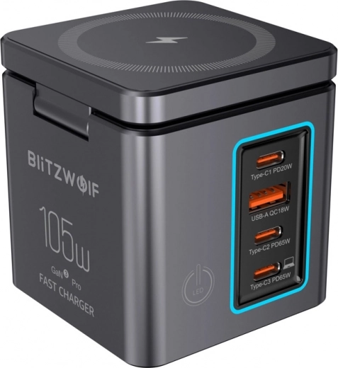 Cargador de red GaN BlitzWolf 105 W con USB-A, 3× USB-C y carga inalámbrica