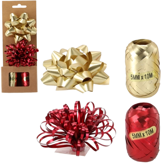 Set de envoltorio para regalos – dorado y rojo (2 cintas + 2 lazos)