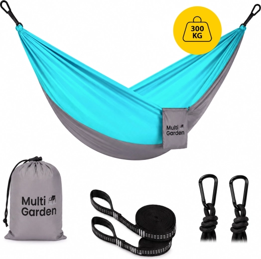 MultiGarden hamaca de jardín y de viaje 290 × 140 cm con correas, mosquetones y bolsa de transporte