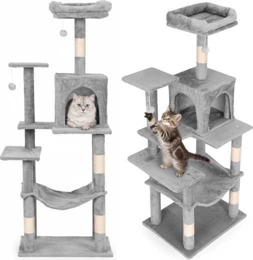 Rascador para gatos 146 cm con casita y hamaca PETSI, gris