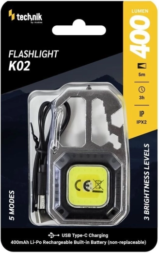 Technik MT-K02 luz de trabajo COB LED tipo llavero con mosquetón y USB‑C, 400 lm