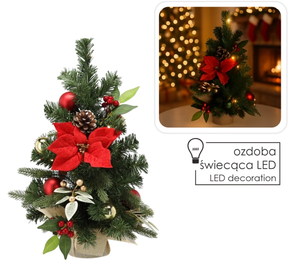 Arbolito decorativo navideño con 15 LED, 50 cm, rojo-dorado - 1 pieza