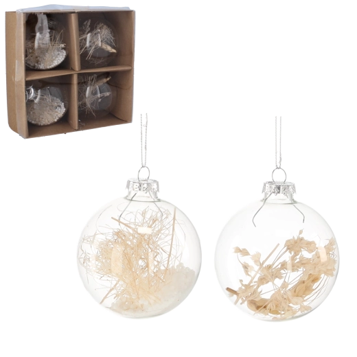 Juego de bolas navideñas transparentes con motivo de espiga 8 cm, 4 uds.