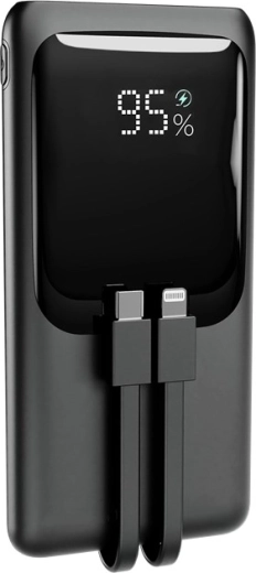 Powerbank de 10 000 mAh con cables integrados, pantalla LCD y carga rápida de 20 W, negra