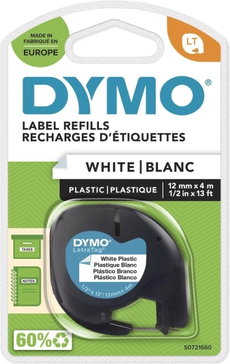 Cinta DYMO LetraTag de plástico 12 mm × 4 m, blanca