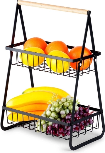 Cesta de fruta metálica de dos niveles, negra con asa de madera