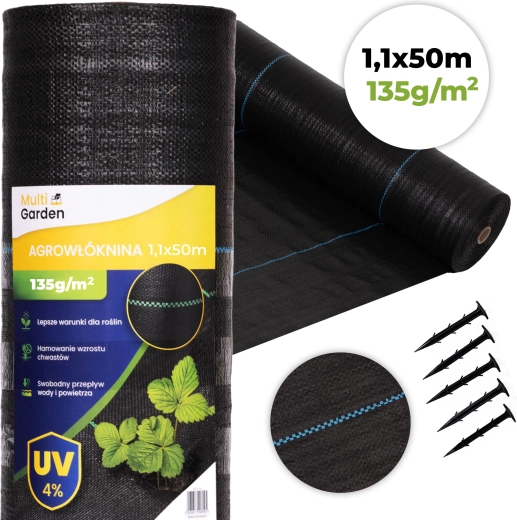 Agrotextil antihierbas 135 g/m² 1,1×50 m con piquetas, MultiGarden