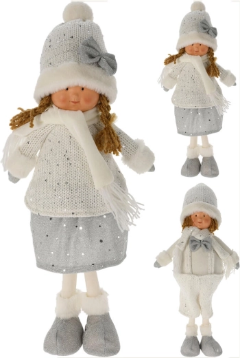 Figura decorativa invernal de pie 49 cm – blanca/plateada