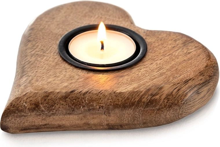 Portavelas de madera para vela de té de mango en forma de corazón 12,5 × 12 cm Orion