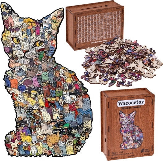 Puzle de madera de gato 2 en 1 con caja–hucha (vintage), A3, 195 piezas