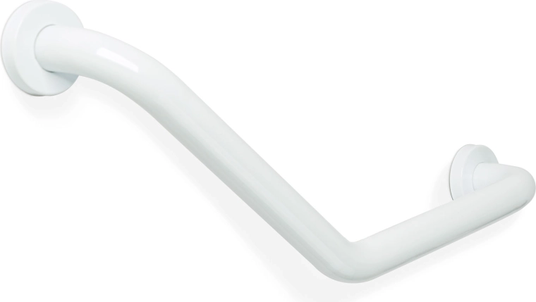 Barra de apoyo mural blanca para baño de acero inoxidable, ángulo de 45°, 25 + 25 cm