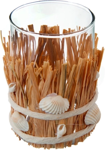 Portavelas SEA de vidrio con acento natural de hierba, marrón