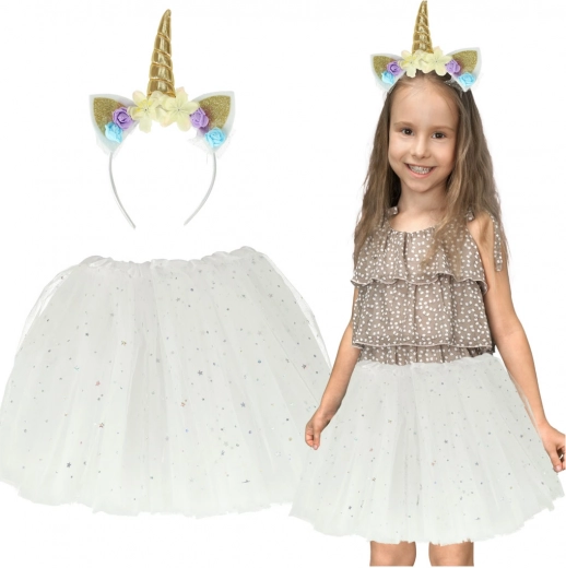 Disfraz de carnaval de unicornio – set infantil con diadema y falda de tul – Blanca