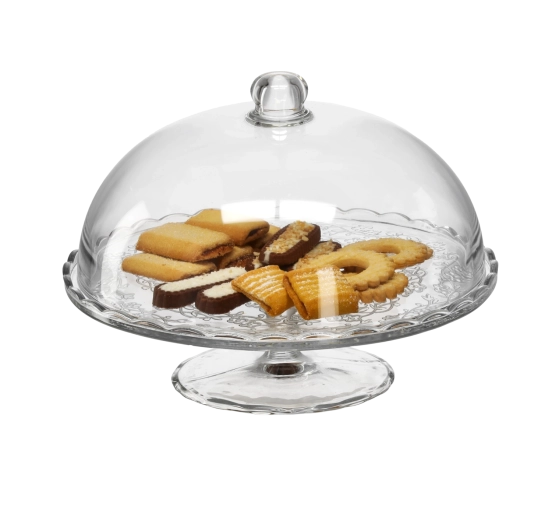 Fuente de vidrio de dos niveles con tapa 29 cm