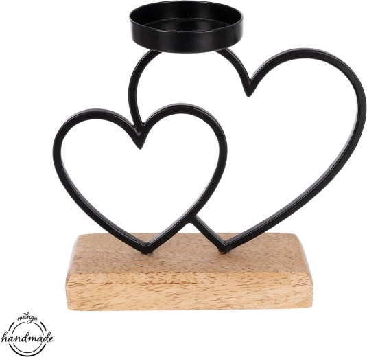 Portavelas de madera de mango y metal con corazones