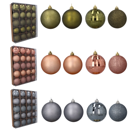 Set de 20 bolas navideñas de 8 cm – oliva, cobre y grafito, mezcla de acabados