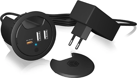 Estación de carga de sobremesa IB-HUB1407, 2× USB‑A y 1× USB‑C para orificio de 60 mm