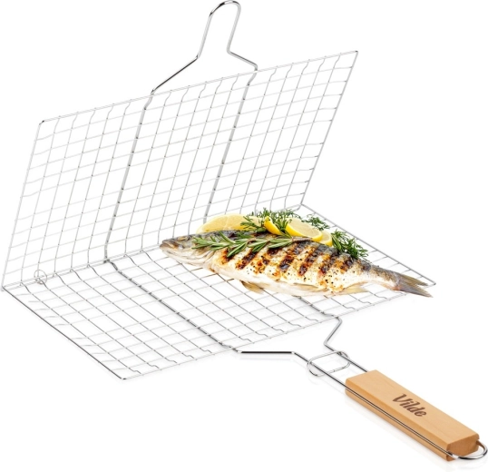 Cesta para parrilla metálica Vilde 34 × 22 cm con mango de madera