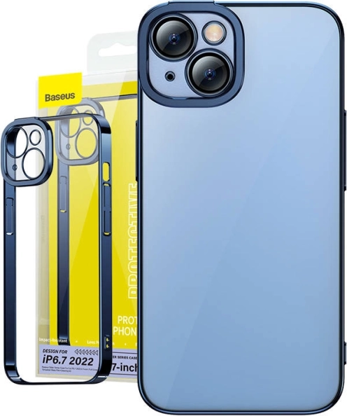 Funda transparente con vidrio para iPhone 14 Plus - Baseus Glitter azul