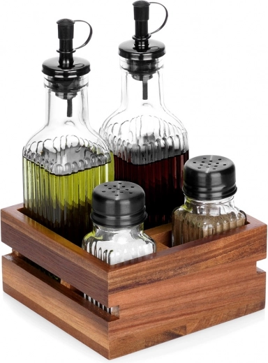 Juego de aceite y vinagre con salero y pimentero en soporte, 5 piezas