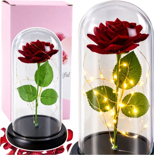 Rosa roja eterna bajo una cúpula de cristal con iluminación LED