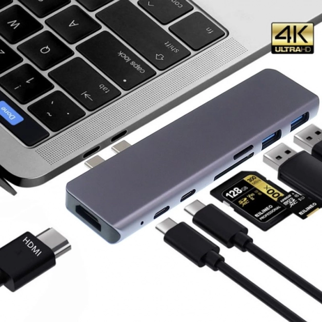 Adaptador hub USB‑C 7 en 1 con HDMI 4K y lector SD para MacBook Pro/Air – gris