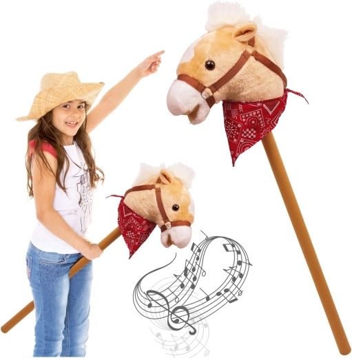 Caballo de palo sobre vara de madera con sonido de relincho, 77 cm