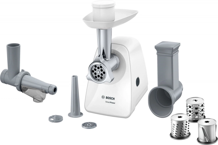 Picadora de carne Bosch MFW2517W con accesorios para rallar y hacer zumos