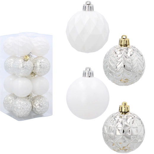 Set de 16 adornos navideños blancos de 6 cm de plástico irrompible