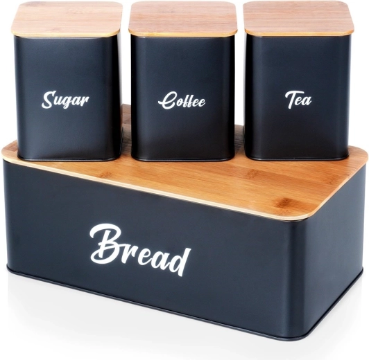 Panera de metal negra con tapa de bambú y juego de botes para azúcar, café y té, 4 uds