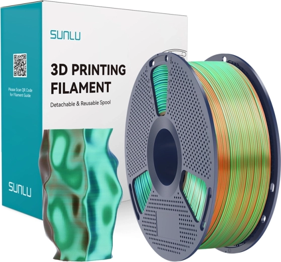 Sunlu PLA+ Silk filamento tricolor para impresión 3D naranja/azul/verde