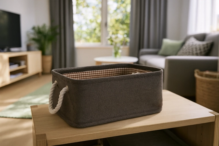 Cesta textil de almacenamiento con asas de cuerda 22 × 32 × 14 cm – marrón
