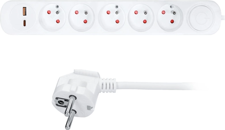 Regleta Solight con 5 tomas y carga USB-A/C, 3 m, blanca