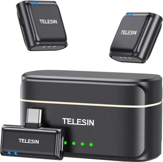 Micrófono de solapa inalámbrico Telesin con receptor USB‑C y powerbank