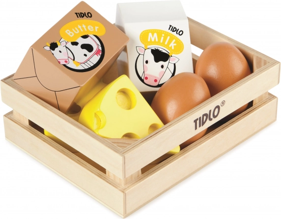 Tidlo caja de madera con productos lácteos y huevos