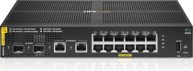 Switch gestionado Aruba Networking CX 6000 12× Gigabit PoE+ (Clase 4) + 2× Gigabit + 2× SFP, 139 W (R8N89B)