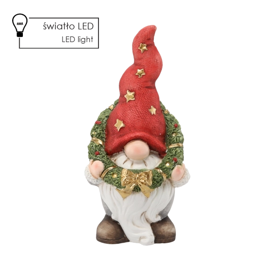 Figura navideña de duende con corona y LED, 40 cm