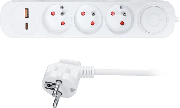 Alargador Solight con 3 tomas, USB-A y USB-C PD de 20 W, 5 m, blanco