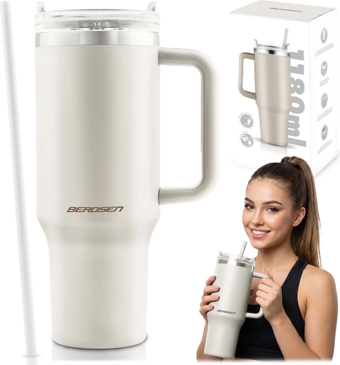 Termo vaso Berdsen con pajita 1180 ml crema